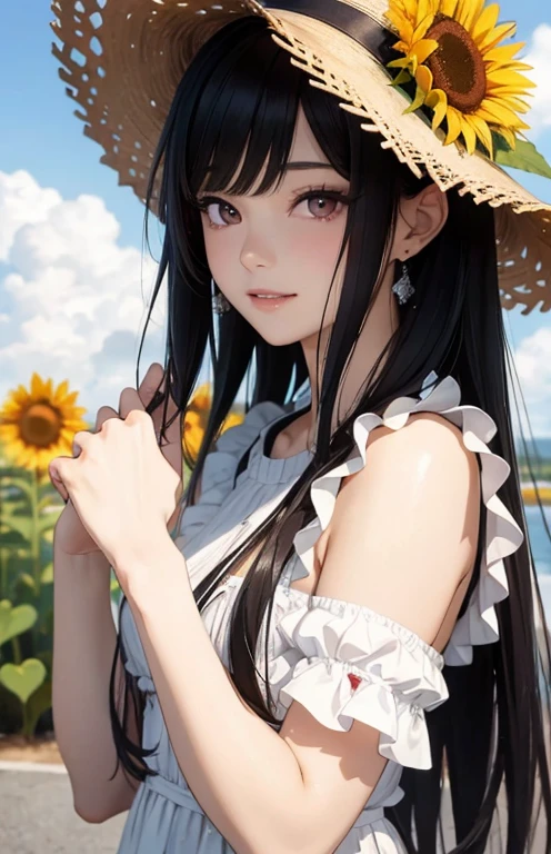 masterpiece、highest quality、High resolution、high quality images、8K, 1 female、skin luster、Texture of skin and clothing、Expression of fine eyes、glossy black hair,long hair girl, Manga inspired by Lee Jong-suk, trending on deviantart, realism, detailed manga style, manga art style, perfect line drawing, beautiful line drawing, digital manga art girl, K-POPアイドル, dress, Beautiful pink eyes, plump lips, detailed gorgeous face, (cute smile), charm, innocent, Side view, (perfectly detailed face), (fine hands) photorealistic images, Depth of written boundary, half up hairstyle, sunflower, straw hat,one piece,wonderful flower garden,美しいsunflower,romanticism,