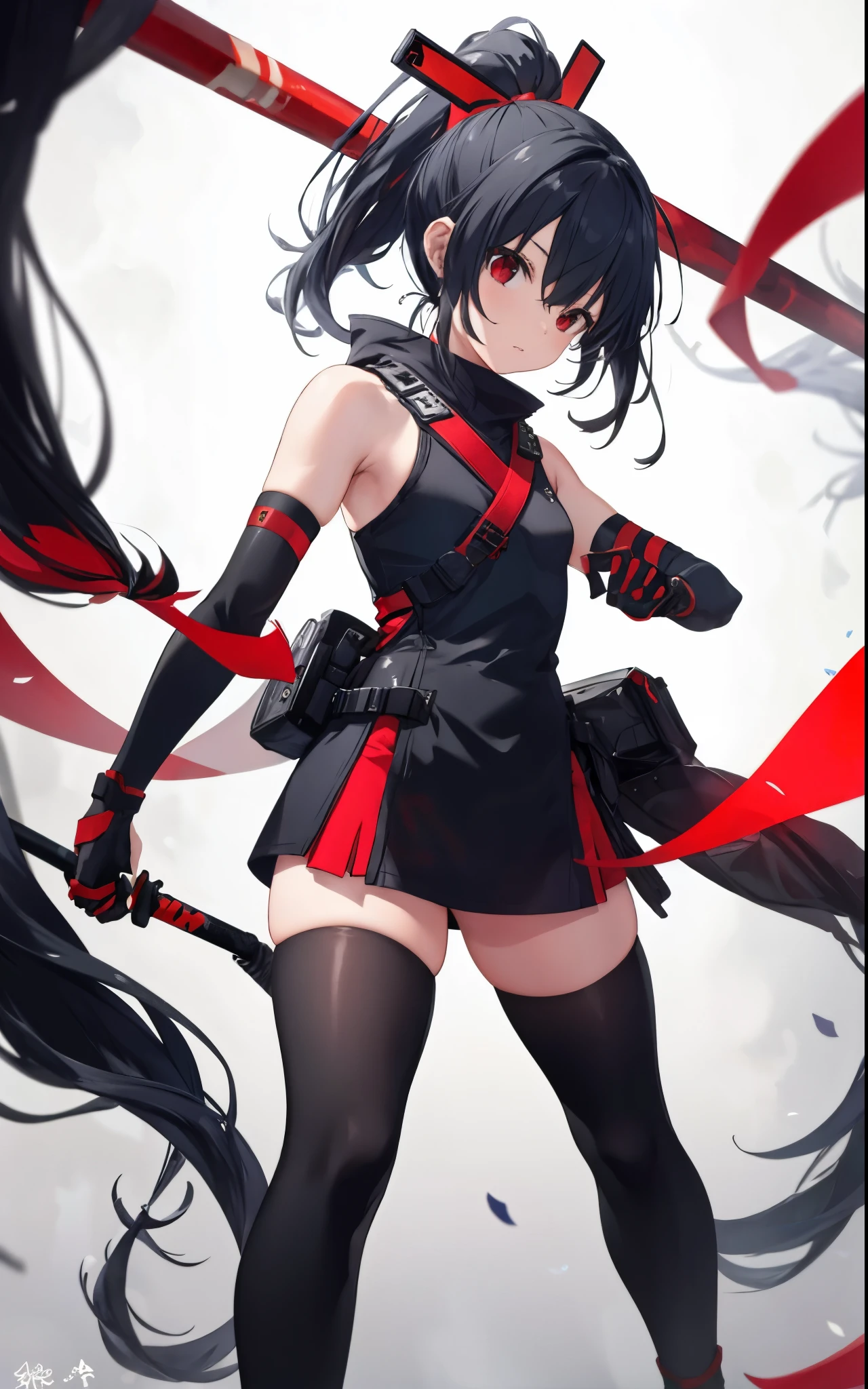 A woman in a black and red outfit holding a sword - SeaArt AI