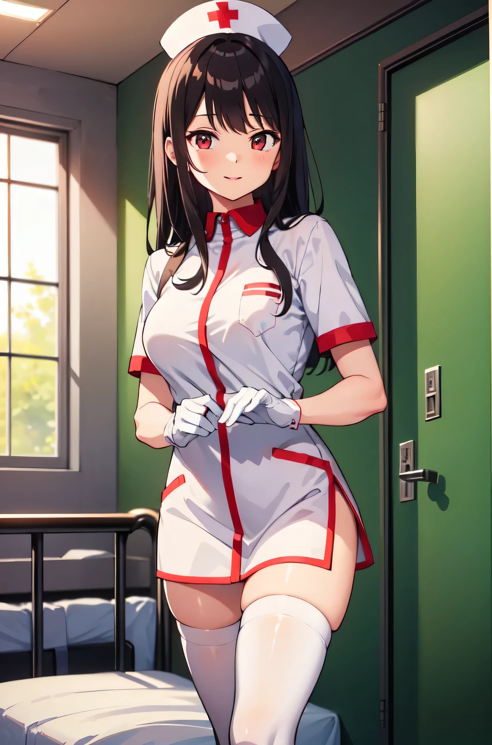 1woman, solo, nurse, white nurse cap, white nurse uniform, ((white legwear, zettai ryouiki)), white gloves, long hair, purple hair, red eyes, pink lips, smile, standing, ((hospital room)), sharp outline, short sleeves, mature female, 35 years old, best quality, masterpiece