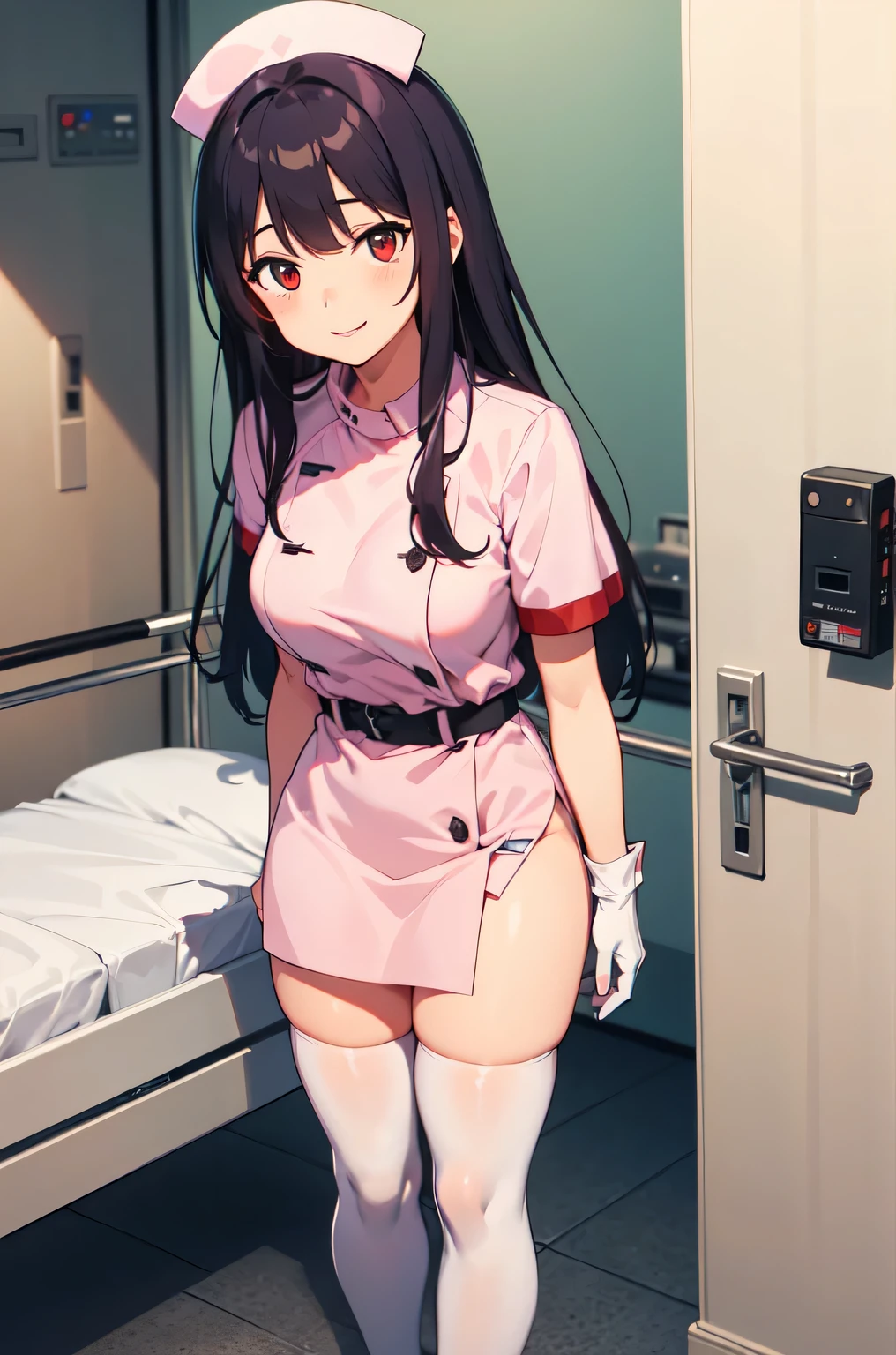 1woman, solo, nurse, white nurse cap, white nurse uniform, ((white legwear, zettai ryouiki)), white gloves, long hair, purple hair, red eyes, pink lips, smile, standing, ((hospital room)), sharp outline, short sleeves, mature female, 35 years old, best quality, masterpiece