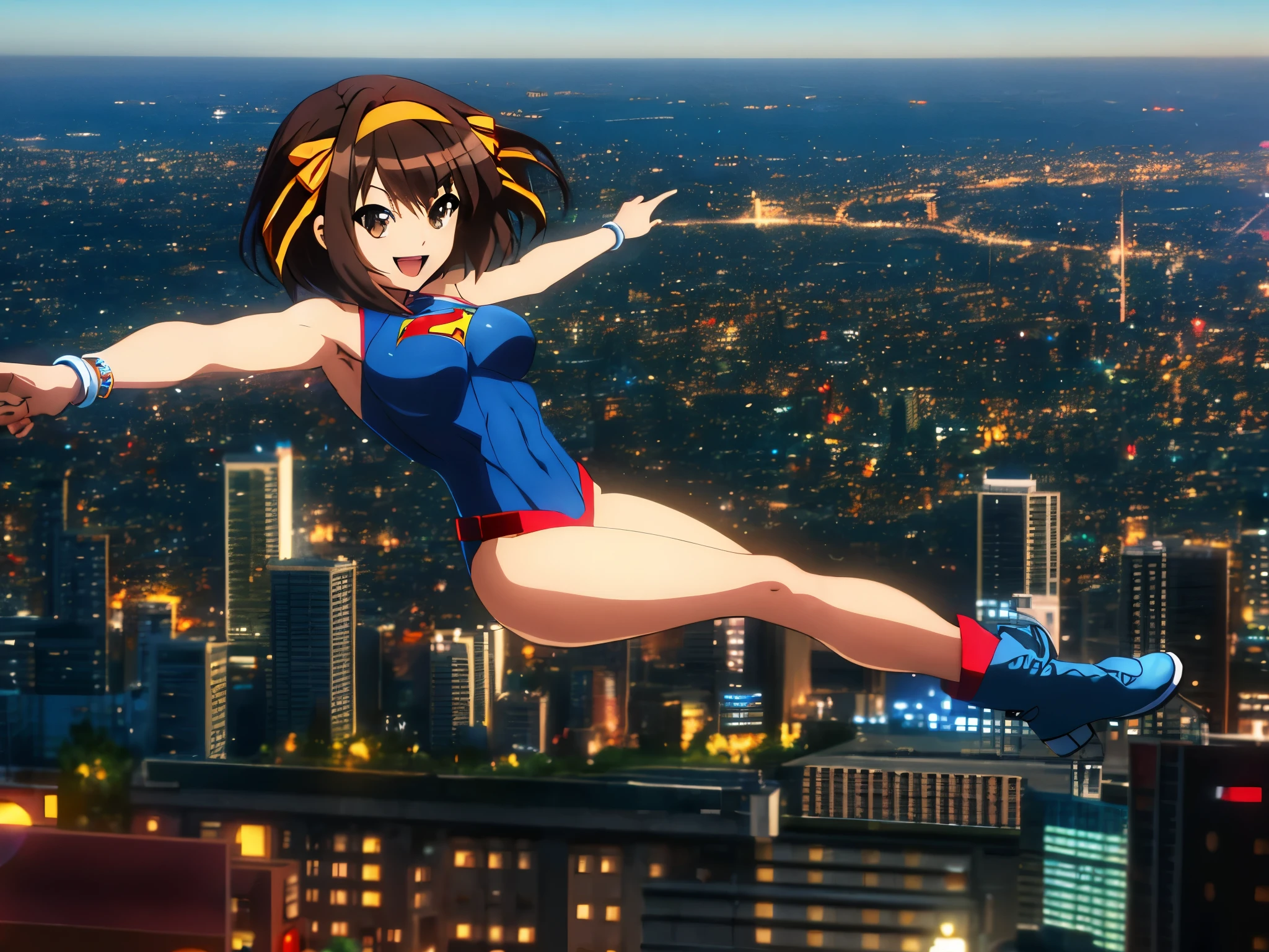 masterpiece, best quality, hyper detailed, ultra detailed, highres, 1girl, solo, solo focus, superhero, leotard, blue leotard with white accents, bare legs, tight belt, boots, matching boots, blue boots, medium breasts, bracelets, full body shot, cowboy shot, smile, haruhi, looking_at_viewer, smile, short_hair, open_mouth, bangs, brown_hair, ribbon, cleavage, brown_eyes, hair_ribbon, :d, hairband, medium_hair, v-shaped_eyebrows, orange_hairband, city backdrop, sleeveless, flying like superman