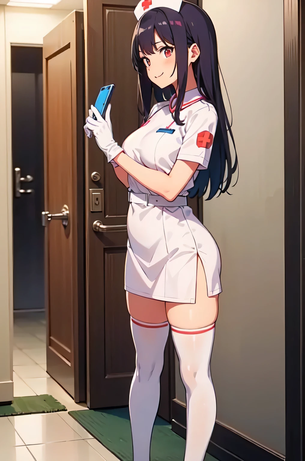 1woman, solo, nurse, white nurse cap, white nurse uniform, ((white legwear, zettai ryouiki)), white gloves, long hair, purple hair, red eyes, pink lips, smile, standing, ((hospital room)), sharp outline, short sleeves, mature female, 35 years old, best quality, masterpiece