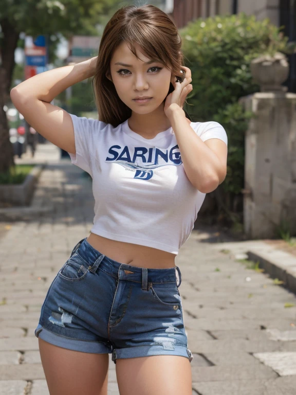 photograph of a young woman wearing a t-shirt and jean shorts, she is standing on the sidewalk performing modeling poses, dynamic poses, dynamic views, 