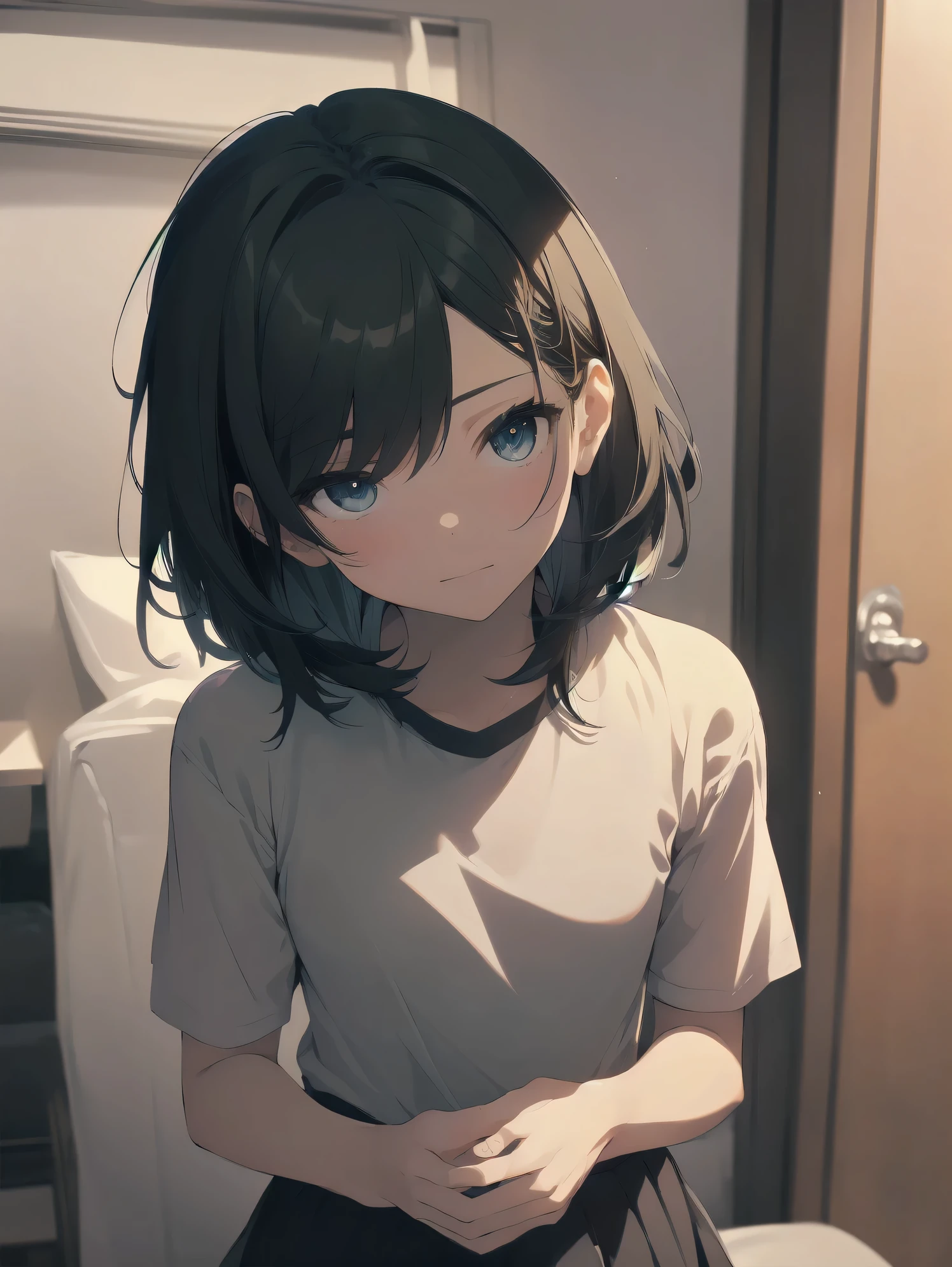 ultra-absurdres-Top quality by artist God, ultra-detailed, high resolution, anime moe artstyle, best anime 8k konachan wallpaper, pixiv contest winner, perfect anatomy,break, 1girl, (Please draw a in heat girl sitting on bed alone. )break,(Solo,little female, 13-year-old:1.3),Full limbs, complete fingers,a junior high school student, Attractiveness of immature bodies, (very short hair), short cut, flat chest, , small butt, small black eyes, beautiful detailed eyes, well-proportioned iris and pupils, expressive eyes, moist eyes, highres detailed hair, blush, soft expression, school_uniform, white shirt, pleated skirt,(Detailed Lighting), (Detailed background), in the hotel room. break,super detailed skin, Best cinematic lighting powered by famous artist, 8k,beauty illustration,photoshop_(medium),very aesthetic,break,((artist:fujiyama )), artist:akinashi_yuu ,artist:oyari_ashito ,artist:kantoku ,
