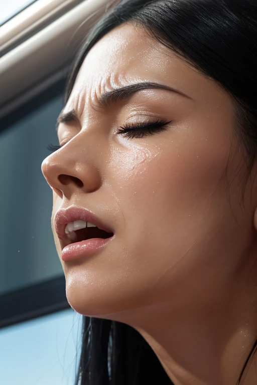 1 girl,realism, surrealism, Depth of the bounds written, UHD, retina, anatomically correct, rough skin, High resolution, highest quality, Super detailed, 8K (woman with open mouth and closed eyes ), 30 years old、black hair、shiny skin、close up of face,from below、realistic nostrils、elongated nasal cavity,、train、(train車内,at the window)、congestion、Rush hour commute,Are standing、Surrounded by six male passengers((suit))、man behind２人Are standing,big breasts、(sharp nose)frown performance:1.4, concept,teeth,performance,facial performances,frown,please raise your head、Skin shiny with sweat