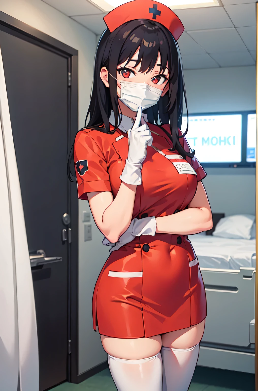 1woman, solo, nurse, white nurse cap, white nurse uniform, ((white legwear, zettai ryouiki)), white gloves, long hair, purple hair, red eyes, ((white surgical mask, covered nose)), standing, ((hospital room)), sharp outline, short sleeves, mature female, 35 years old, best quality, masterpiece