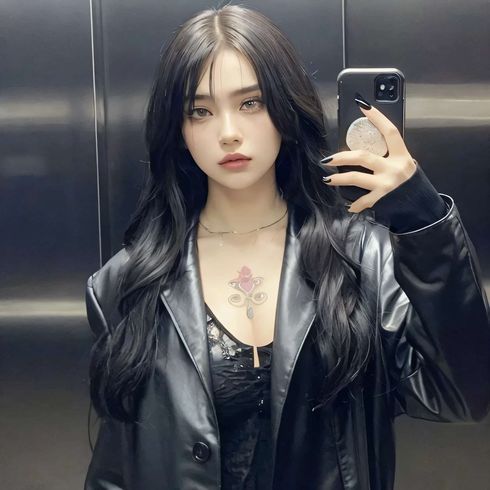 Araffe mulher em uma jaqueta de couro preta tirando uma selfie, cruel korean goth girl, Xision Wu, Ulzzang, ela tem cabelo preto com franja, goth girl aesthetic, xianxia de corpo inteiro, ava max, cabelo preto longo com franja, com longos cabelos pretos, Com cabelo comprido, Retrato de Jossi do Blackpink