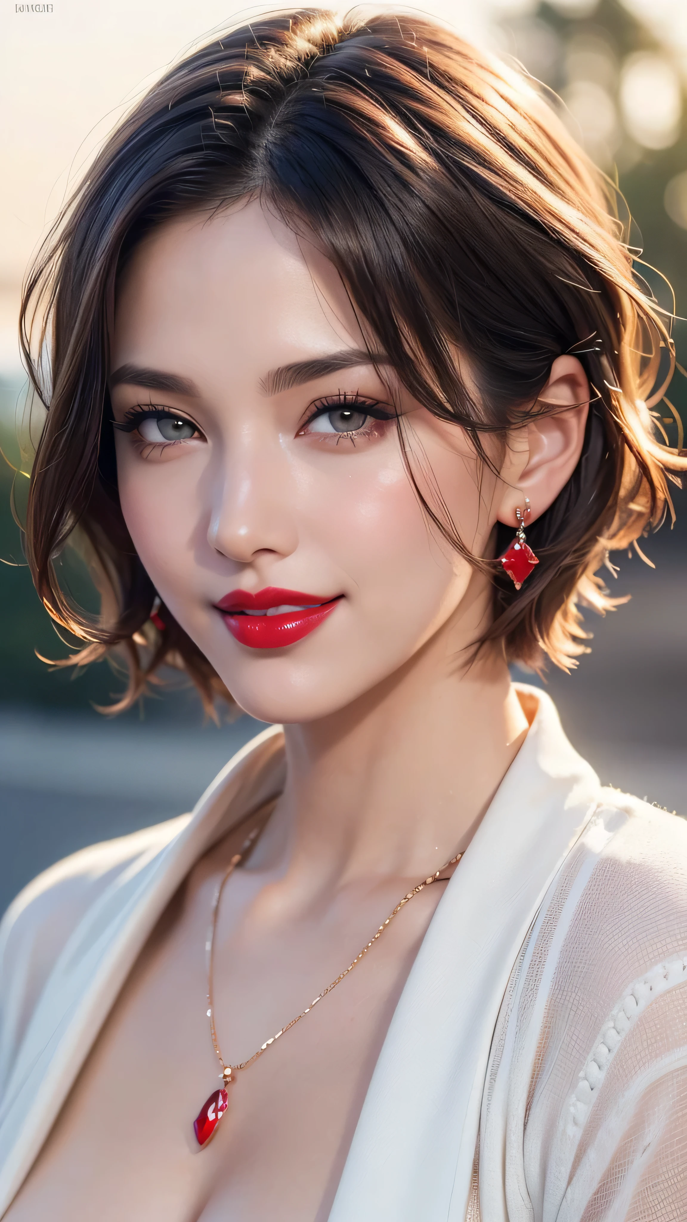 (A beautiful madam),NSFW, masterpiece, highest quality, Accurate, UHD, retina, Super detailed, Award history, High resolution, (photorealistic:1.5), in the dark, deep shadow, low key, anatomically correct, (realistic:1.4),Raw photo,(Soft saturation:1.3),(Fair skin:1.2),rough skin, 8K,1 woman, alone, mature woman, Beautiful, sexy woman, (perfectly beautiful woman, perfectly beautiful face, Perfectly beautiful eyes, perfectly beautiful nose, perfectly beautiful nose, perfectly beautiful lips),(french bob hair),(short hair:1.3),(compensate:1.3),(eye reflection:1.3, solid circle eye, ring-shaped eyes, Sparkling pupils:1.2, long eyelashes:0.8, amber eyes),(crystal earrings, sparkling necklace), parted lips, (enchanting smile:1.4), (red lips:1.3,glossy lips:1.5,lip reflection:1.5), break, (off white jacket on highneck), (outdoors) (Detailed texture of wrinkles in clothing:1.3), looking at the viewer