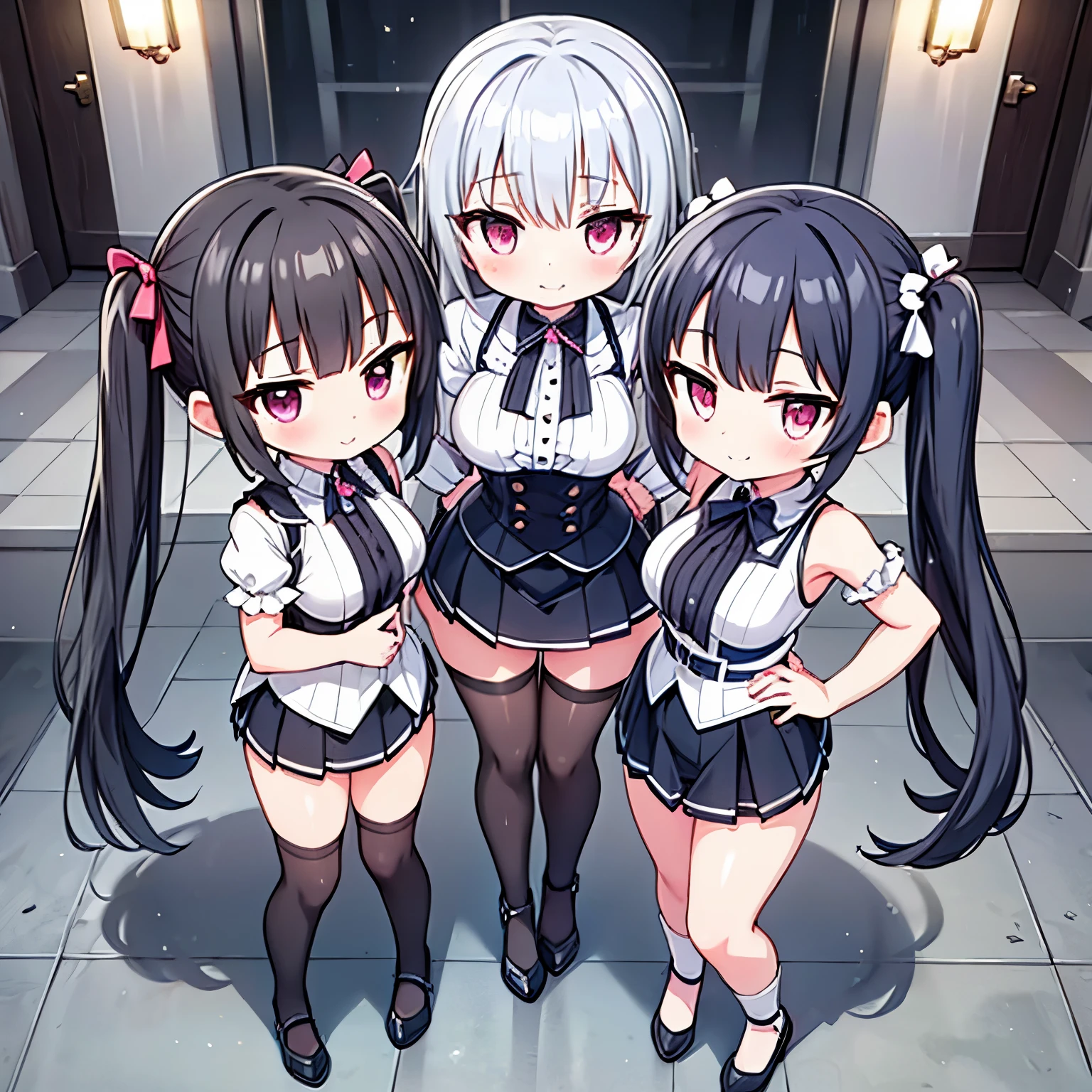 3 girls, pink eyes, twin tails,princess cut,Hidden in one eye,big breasts,big ass,micro mini skirt,knee high,revealing clothes,smile