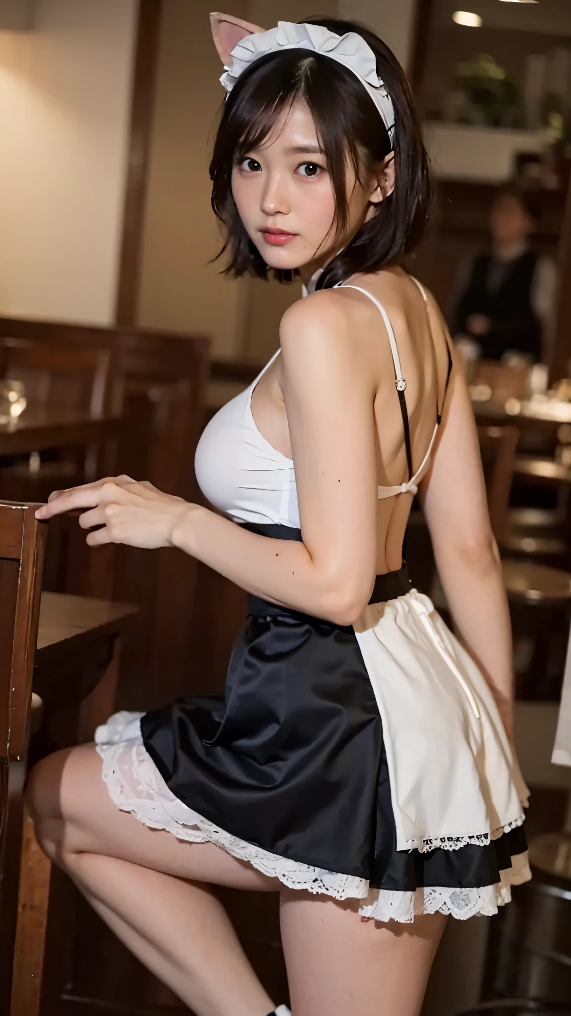 RAW photo, 1 girl, incredibly absurd, 20-year-old, beautiful girl, (cute), (short hair), photo shoot, realistic, Depth of the bounds written, High resolution, Super detailed, delicate, very detailed, highly detailed eyes and face, sharp pupils, realistic waitress costume, sharp focus, Backlight LED lighting, cafe store, Eye and face details, (Maid clothes), lolita fashion, mini skirt, full body shot full body, (wind lift:1.6), cameltoe, seductive gaze, I put my hands on the wall and stuck my butt out, cat ear headband, (Big breasts that are about to burst), Close-up, perfect body, From the side