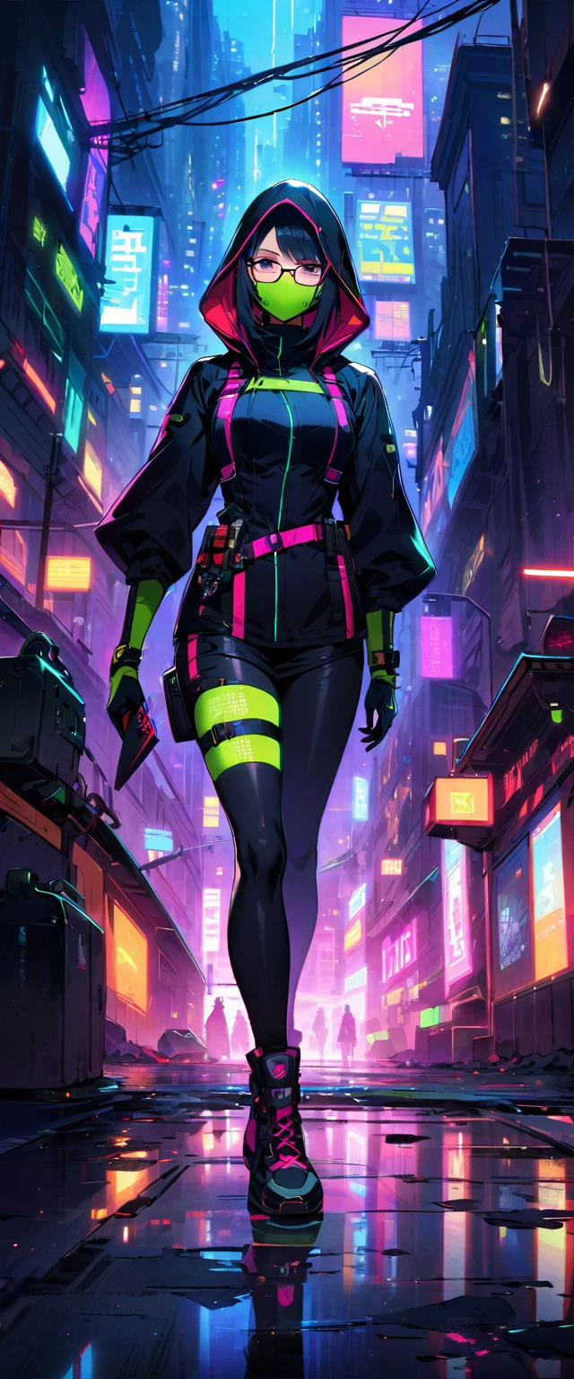 (best quality),Cyberpunk female ninja,(face mask),Stylish details clothing,beautiful detailed face,(Glasses),stylish shoes,Neon-lit cityscape,dystopian metropolis,Holographic projection,Invisible City,High-tech weapons,futuristic gadgets,Stylish cybernetic enhancements,(Sharp high-tech dagger),Black leather tights,Hooded tactical cape,night vision control eye,Shadows and reflections,There are tall high-rise buildings,Heavy rain and steamy alley,medium:cartoon,studio lighting,Vibrant colors,Defocused