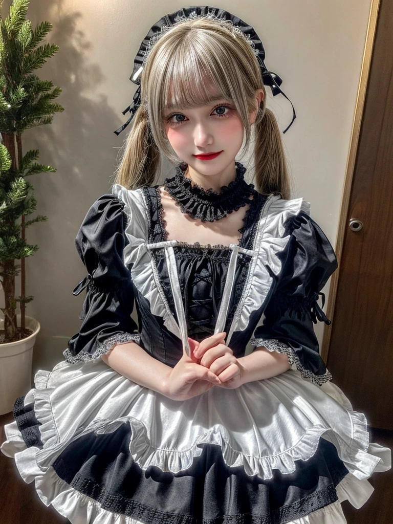 ROW Photos、high quality、delicate、Professional photographer work、Beautiful Japanese Girls、18-year-old、Laughter、smile、I、Gothic Lolita、Gothic Lolita、mini skirt、White knee-high stockings、Witch Hat、From the knee up、Round Glasses、(Blue silver hair color:1.3)、E cup breasts、White over-the-knee socks、garter belt、(Absolute area:1.3)、From above、