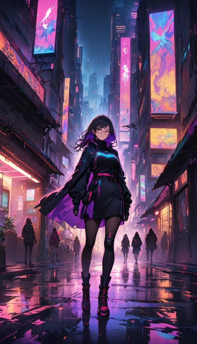 （best quality），Cyberpunk female ninja，(face mask)，Stylish details clothing，beautiful detailed face，(Glasses)，stylish shoes，Neon-lit cityscape，dystopian metropolis，Holographic projection，Invisible City，High-tech weapons，futuristic gadgets，Stylish cybernetic enhancements，(Sharp high-tech dagger)，Black leather tights，Hooded tactical cape，night vision control eye，Shadows and reflections，There are tall high-rise buildings，Heavy rain and steamy alley，medium：cartoon，studio lighting，Vibrant colors，Defocused