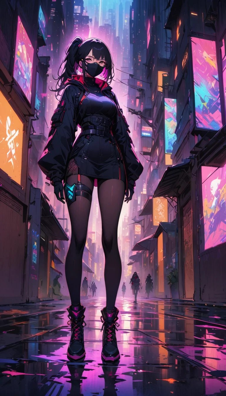 （best quality），Cyberpunk female ninja，(face mask)，Stylish details clothing，beautiful detailed face，(Glasses)，stylish shoes，Neon-lit cityscape，dystopian metropolis，Holographic projection，Invisible City，High-tech weapons，futuristic gadgets，Stylish cybernetic enhancements，(Sharp high-tech dagger)，Black leather tights，Hooded tactical cape，night vision control eye，Shadows and reflections，There are tall high-rise buildings，Heavy rain and steamy alley，medium：cartoon，studio lighting，Vibrant colors，Defocused