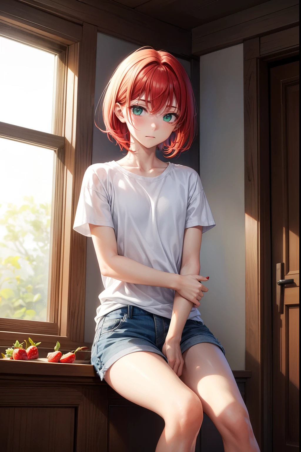 white t-shirt, blue shorts, absurdres, RAW photo, extremely delicate and beautiful, masterpiece, Best Quality, ultra high resolution, 32k, hyperrealistic, ultra-detailed, detailed description, pale skin, 20 years old, tearful mole, earring, short medium hair, wavy hair, whole body shot, Redhead, Red eyes,