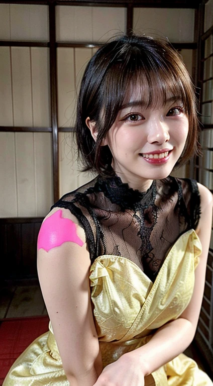 (highest quality, 8K, 32k, masterpiece, UHD:1.2),beautiful japanese women pictures, black haired, very short bob hair,beautiful face,(leaning forward:1.3),squat,Photoreal, (1 Ultimate beauty), highly detailed face, (perfect teeth), detailed eye, double eyelid, eyelash, grin and laugh, lip details, brunette bob, big breasts, light makeup, Japanese-style room at a ryokan,Inn work,Welcome customers,beautiful clavicle,