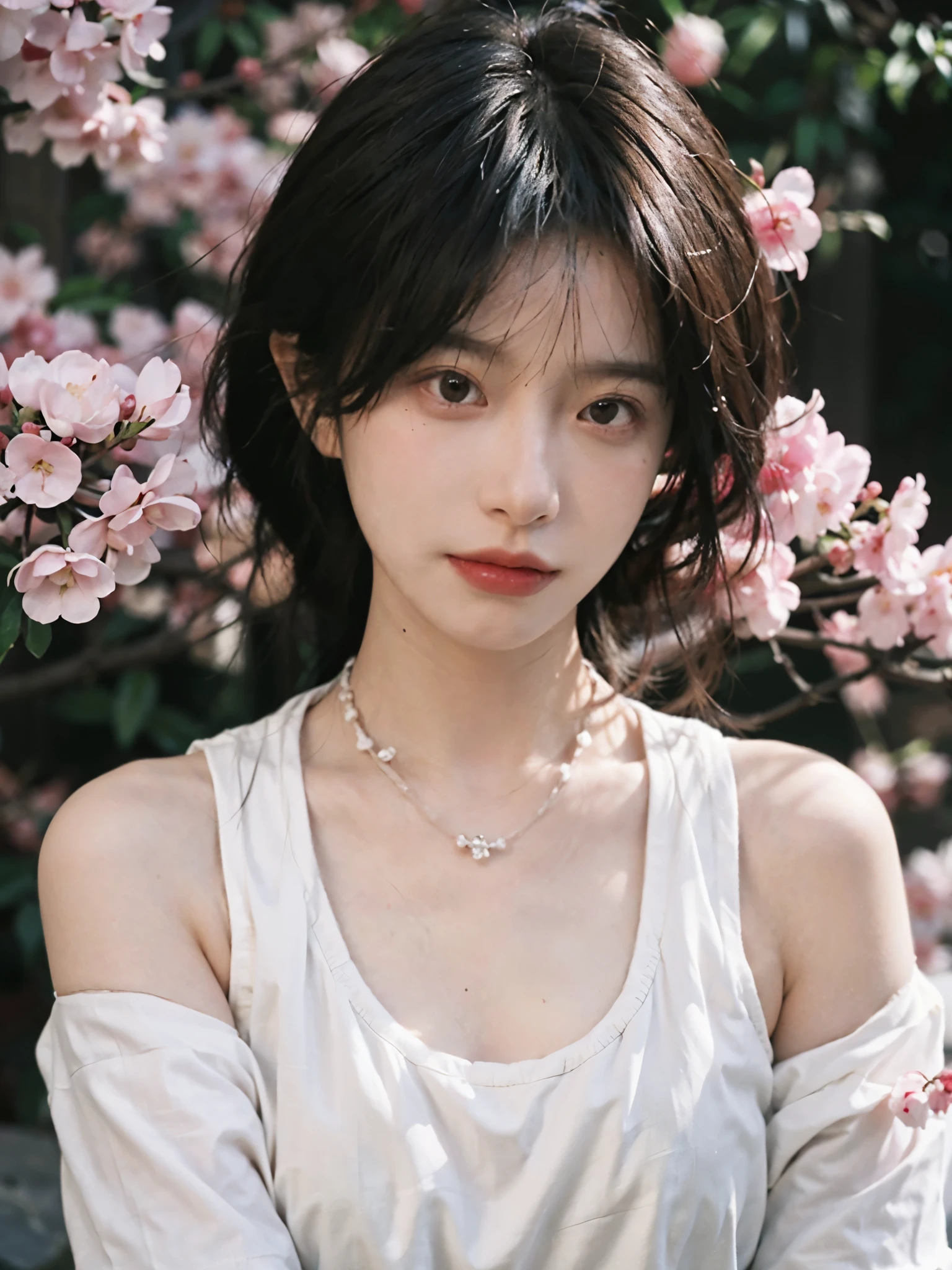 Film portrait photography, 2 girls, 2 Bare Shoulders,lipstick,(flat chest:1.4), Double tail, wear necklace,scarf,earrings,short sleeves,serene, calm, (Realistic and detailed eyes, natural skin texture, Realistic facial details), Soft dramatic lighting, depth of field, Bokeh,cherry blossom grove, Vibrant details, Detailed and detailed, surreal, 35mm film, hazy, whole body,