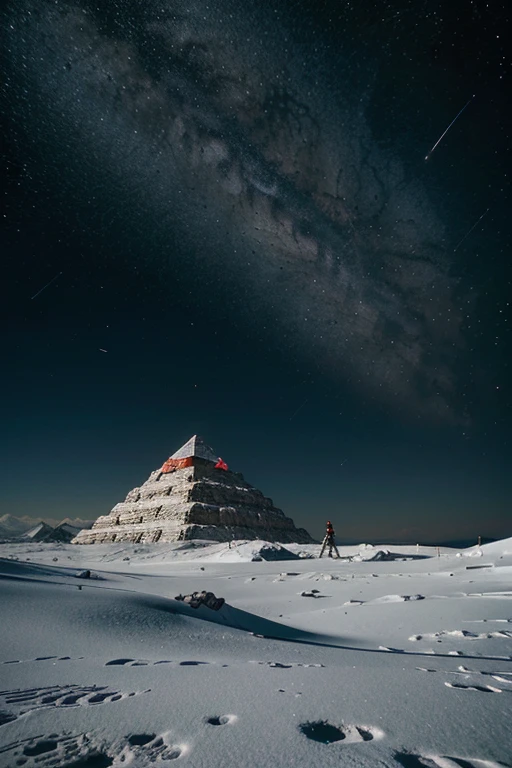 crie um homem com um traje espacial escalando uma montanha na lua,At the top of this mountain there is a silver pyramid-shaped machine