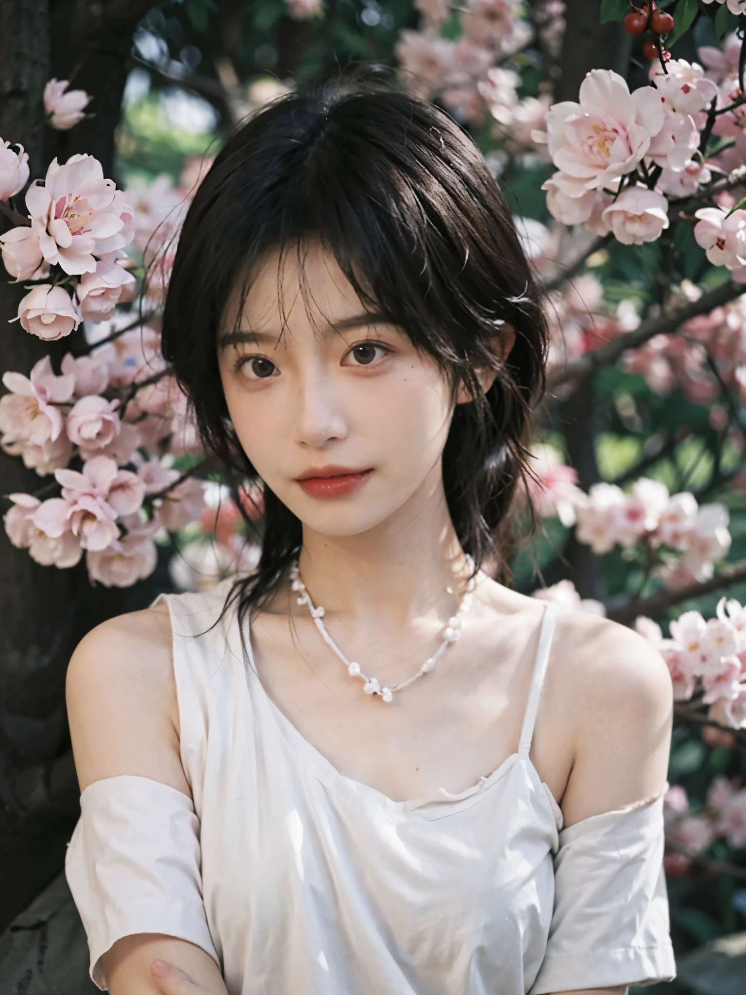 Film portrait photography, 2 girls, 2 Bare Shoulders,lipstick,(flat chest:1.4), Double tail, wear necklace,scarf,earrings,short sleeves,serene, calm, (Realistic and detailed eyes, natural skin texture, Realistic facial details), Soft dramatic lighting, depth of field, Bokeh,cherry blossom grove, Vibrant details, Detailed and detailed, surreal, 35mm film, hazy, whole body,