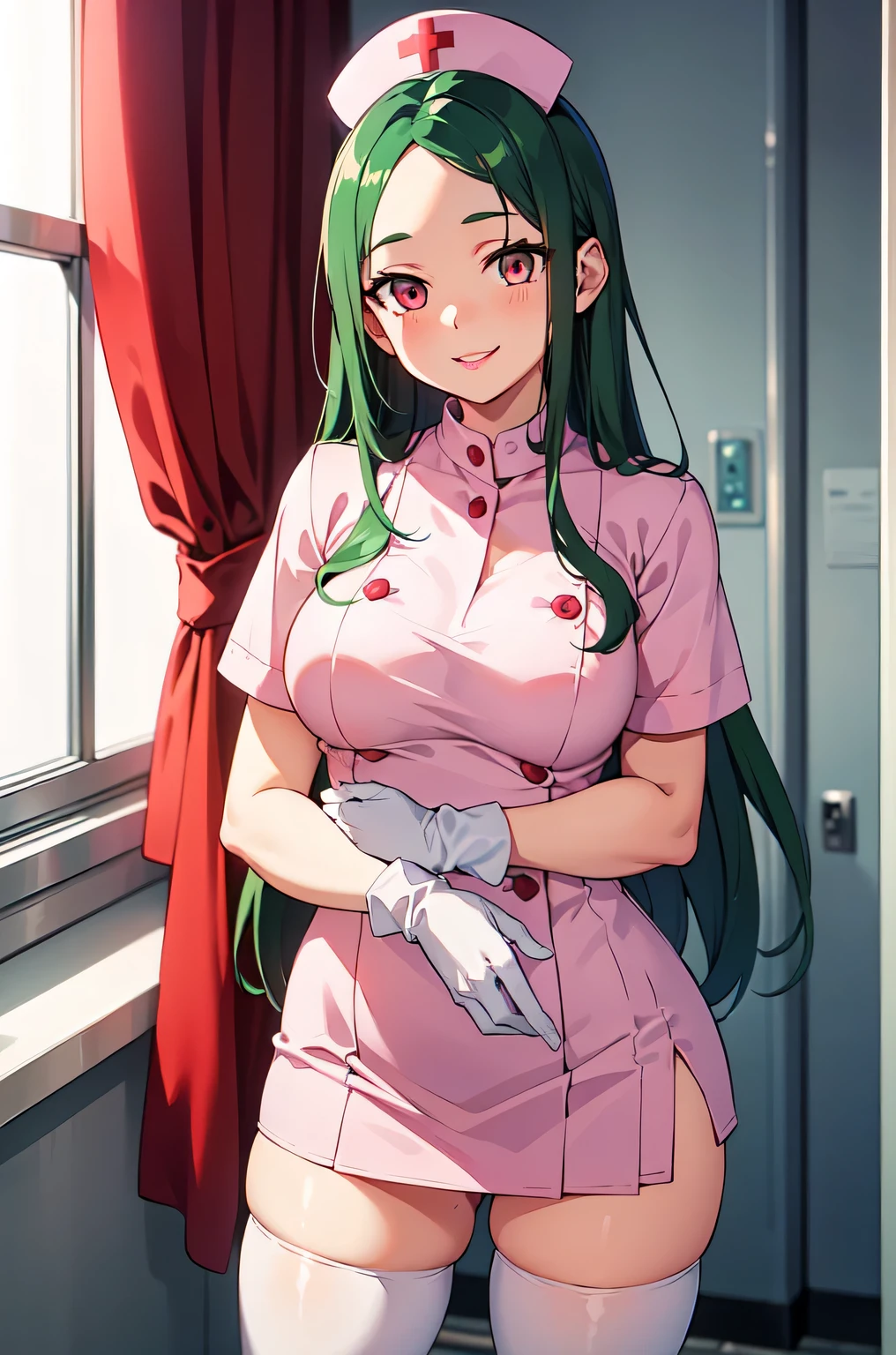 1woman, solo, nurse, white nurse cap, white nurse uniform, ((white legwear, zettai ryouiki)), white gloves, forehead, long hair, green hair, pink eyes, pink lips, smile, standing, ((hospital room)), sharp outline, short sleeves, mature female, 35 years old, best quality, masterpiece