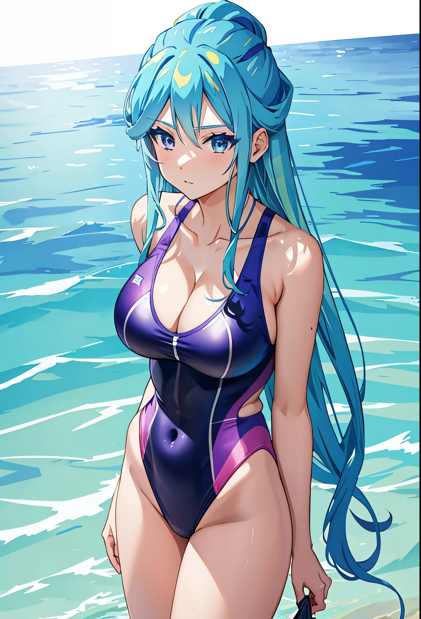 anime woman in a lightblue and purple swimsuit on the beach waving、long green hair woman、blue eyed woman、Braid、is wearing a swimsuit、ワンピースswimsuit、clothing:ハイカットswimsuit、swimsuit、A woman wearing a light blue and purple tank suit、ワンピースswimsuit着用、wet swimsuit、Light blue and purple high-leg racing swimwear、競泳swimsuit、Light blue and purple high leg racing swimsuit、(anime woman)、on the beach、cute woman wearing tank suit、水泳競技用swimsuit、beautiful anime woman、cool woman wearing competition swimsuit、 cool anime woman、big breasts、woman with very large breasts、tall woman、cleavage、adult sex appeal、in the sea、beautiful anime woman、anime moe art style、Smooth anime CG art、Also、anime best women、naughty anime style、a woman is standing、!!full body portrait!!、beautiful charming anime teen、