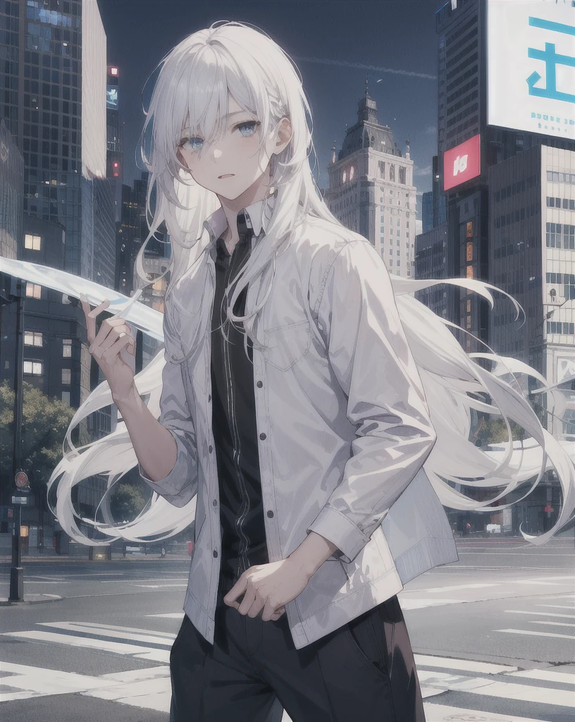 young boy,man,long hair,white hair,blue eyes,city,spell,ice,novel,realistic,4k,charming,very detailed,thin,