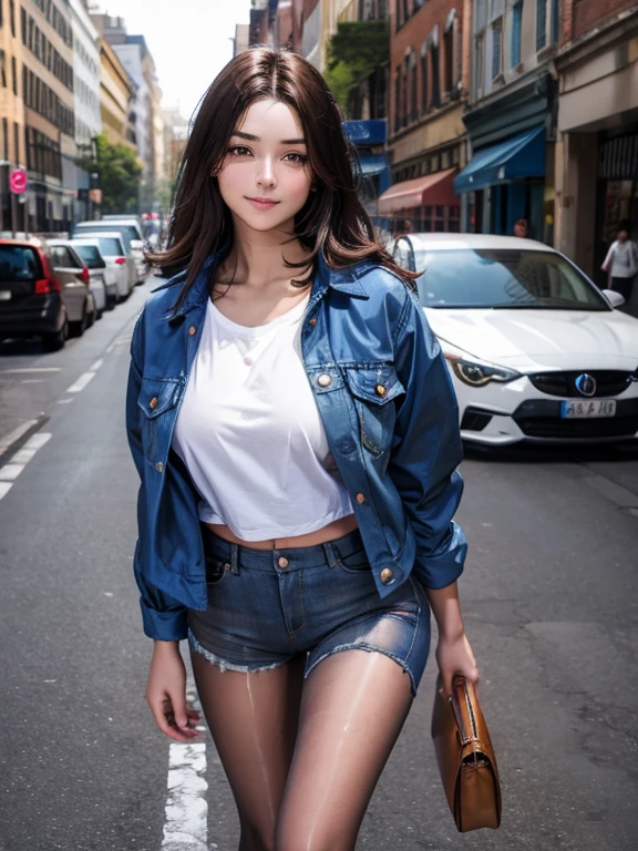 Best Quality, 25 year old girl, alone, long brown hair, discreet smile, looking at viewer, denim jacket over white cropped t-shirt, blue denim shorts, shiny pantyhose, white sneakers, cosmopolitan city setting