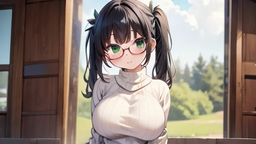 masterpiece,highest quality,wonderful,finely,High resolution,1 girl, big breasts,(virgin killer sweater:1.3), black hair, glasses, green eyes,twin tails,full body