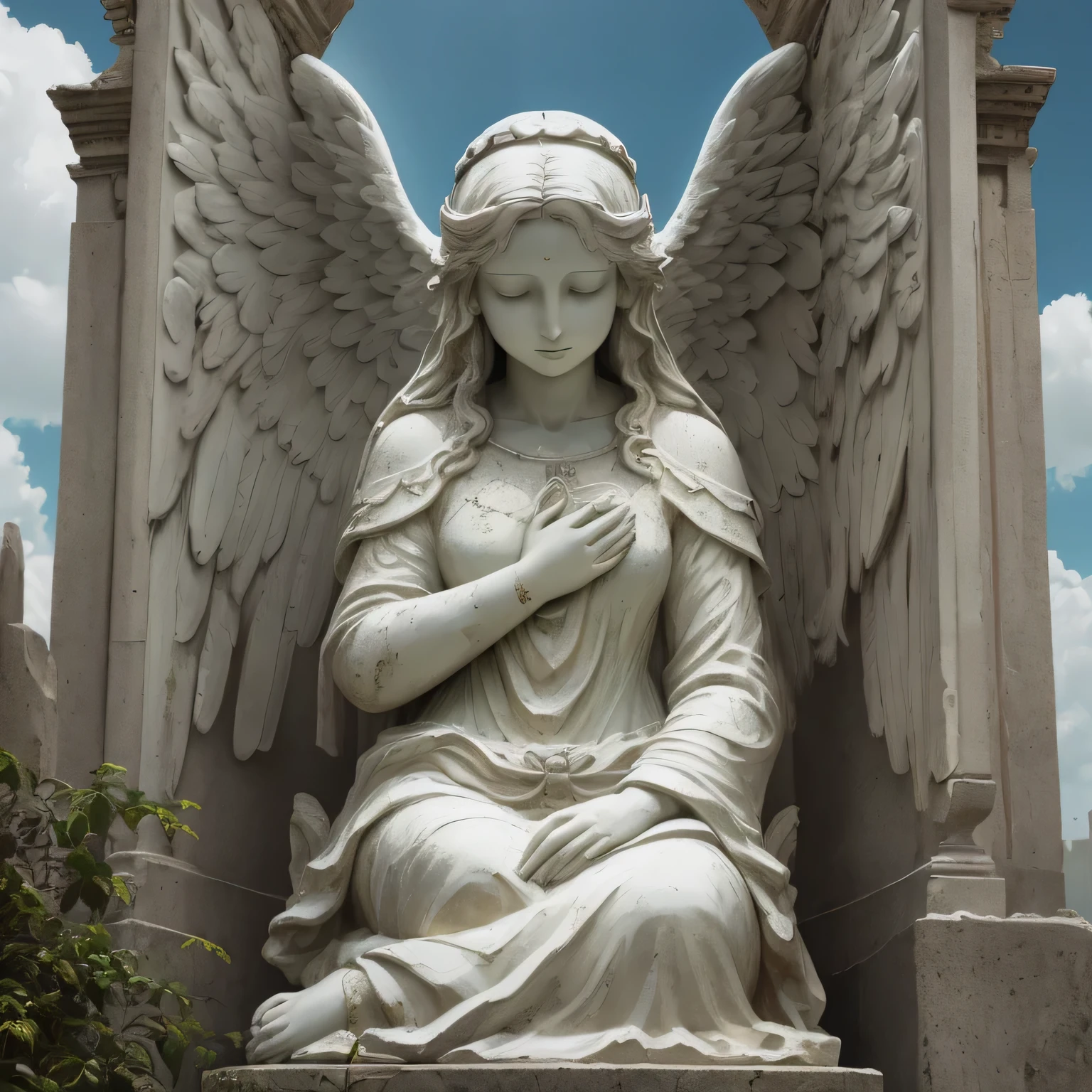 [Angel statue on a postament:Angel:0.2], statue of a praying woman, [Closed Hands in Prayer], [(Angelic wings), robe::0.2], [[flourishing plants]:((flourishing plants)):0.2], Calm beautiful face, [cloudy sky, god&#39;s rays:(god&#39;s rays):0.4], [ruins of a ruined cemetery, Forsaken monastery, Forged fence:Broken tombstones, (crumbling ruins), (desolation):4], Raw photo, Fujifilm XT3, Canon EOS R5, sharp focus, Depth of the bounds written, [pale colour:super detailed, high contrast:0.4]