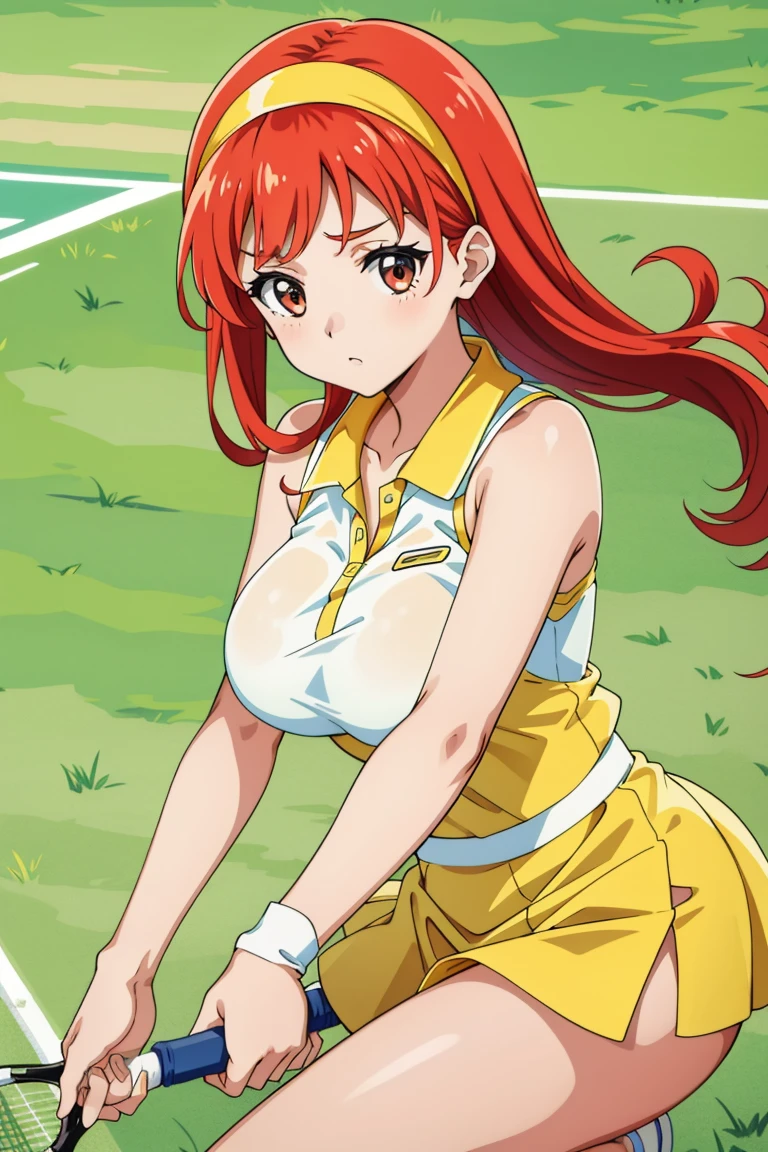 masterpiece、highest quality、big breasts、redhead、yellow headband, hair clip, tennis field、tennis wear、serve