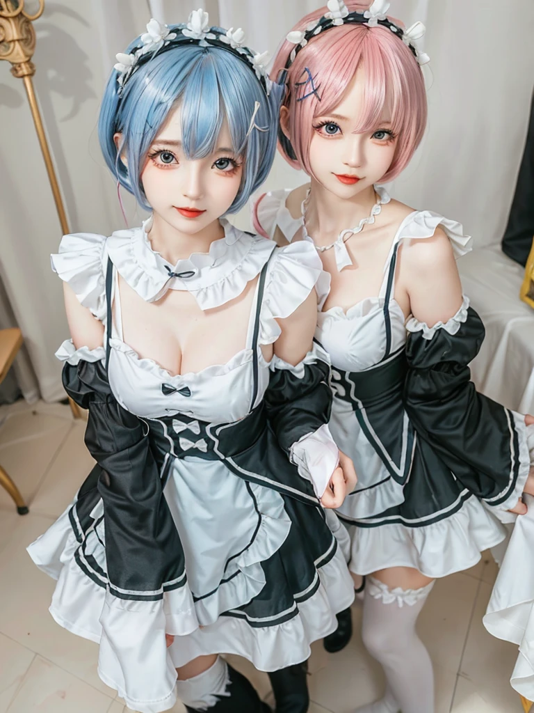 (8K, Photorealistic, Raw photo, of the highest quality: 1.3), (1girl in), Super beautiful, (Realistic face), (boyish, pink Color Berry Shorthair), Beautiful , Glare that captivates the viewer, Beautiful expression, Beautiful breasts, (Realistic skin), Be...Create a detailed and colorful image of Ram and Rem from Re:Zero, standing back-to-back in their maid outfits, with a magical fantasy background、14years old, two girls,cute, perfect face, beautiful, nice body, gothic lolita clothes, gothic lolita fashion, frilly skirt, headdress, necklace, bracelet, knee-high socks, boots, double eyelids, tear bags, Detailed down to the fingers, photo-like description, indoors, dim indoor lighting, one girl is pink hair and short bob, another girl is light blue hair and short bob,standing, whole body, composition that shows the whole body, smiling,The Both of them are wearing the same type of maid outfit