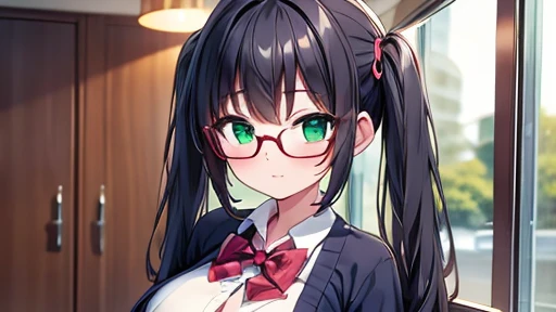 masterpiece,highest quality,wonderful,finely,High resolution,1 girl, big breasts,(cardigan:1.3), black hair, glasses, green eyes,twin tails,full body