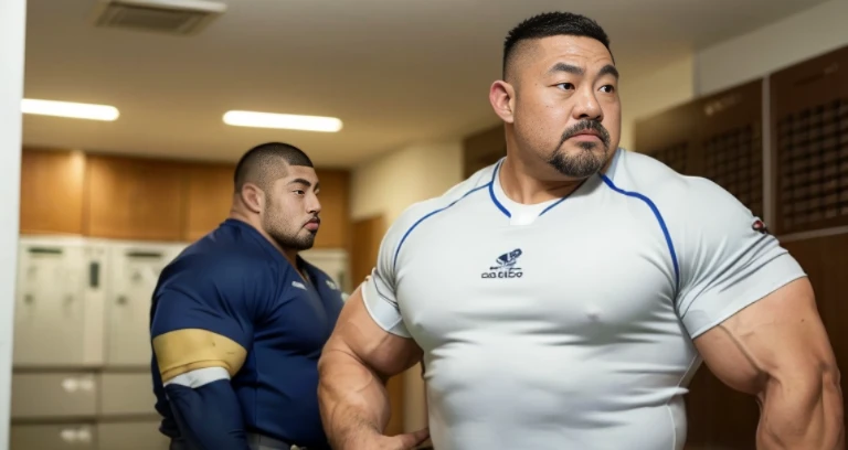 (wearing rugby uniform:1.4), (facing each other:1.4), (at club locker room:1.2), 40's, Japanese man, Chinese man, Korean man, Taiwanese man, manly face, fat face, (round face:1.4), (monolid eyes:1.2), (buzz cut:1.4), very large and strong body, bulky body, beefy muscles, (bulging muscles:1.4), (very large pectoral muscles:1.4), (muscular arms:1.4), muscular abs, muscular legs, muscular back, brightens oily skin, master piece, (realistic:1.4), panorama, distant view