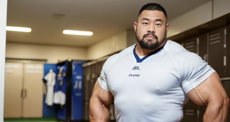 (wearing rugby uniform:1.4), (facing each other:1.4), (at club locker room:1.2), 40's, Japanese man, Chinese man, Korean man, Taiwanese man, manly face, fat face, (round face:1.4), (monolid eyes:1.2), (buzz cut:1.4), very large and strong body, bulky body, beefy muscles, (bulging muscles:1.4), (very large pectoral muscles:1.4), (muscular arms:1.4), muscular abs, muscular legs, muscular back, brightens oily skin, master piece, (realistic:1.4), panorama, distant view
