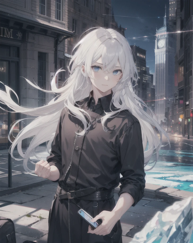(best quality,4k,realistic),young boy,man,long hair,white hair,blue eyes,charming,very detailed,thin,city,spell,ice,novel