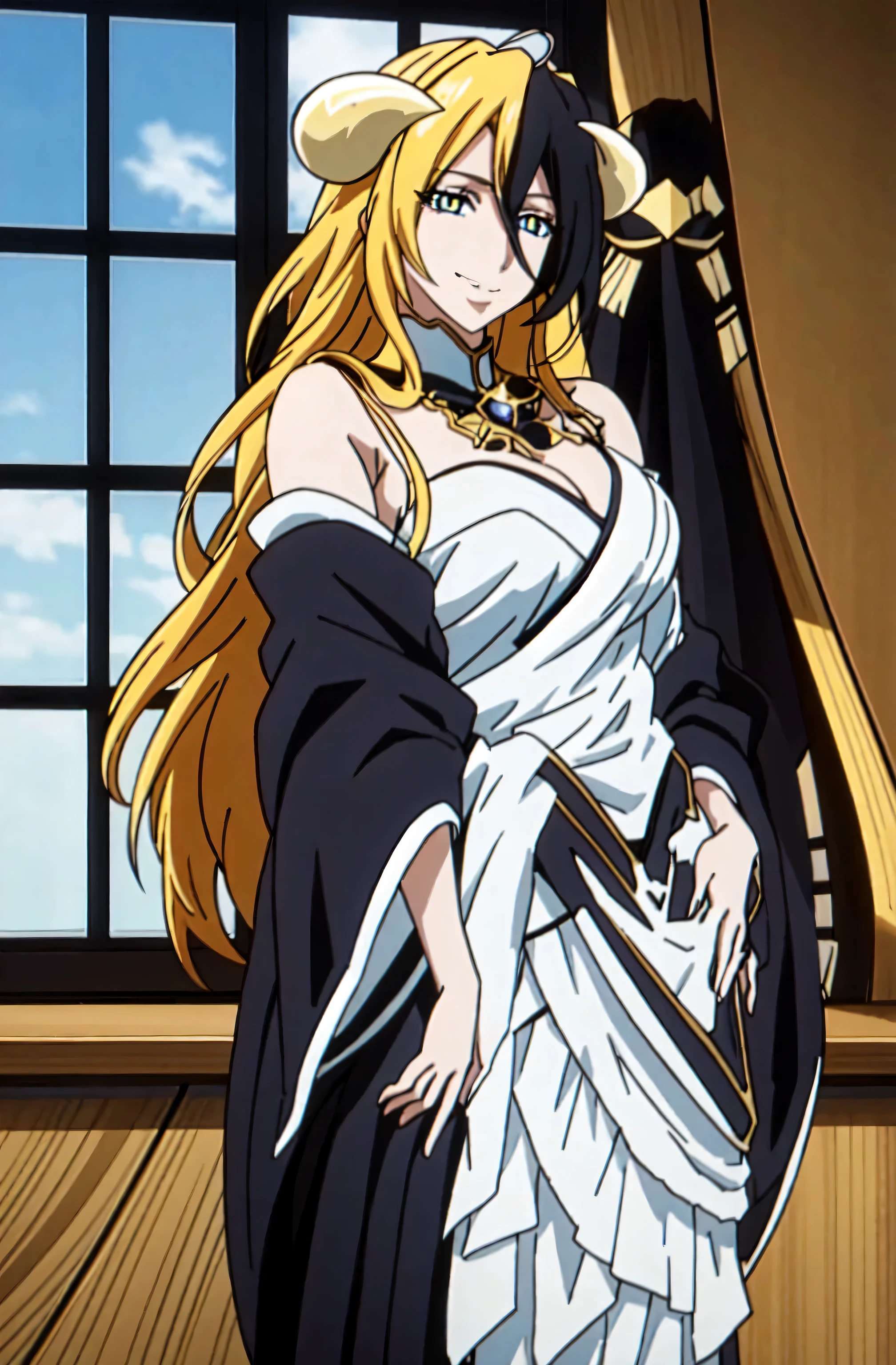 The character is an anime-style illustration of Albedo from the series Overlord. She is depicted as a demon girl with black hair, yellow eyes, and demon horns. She has long hair that falls between her eyes and a smile on her face. The character is shown with bare shoulders and slit pupils. The image has a detailed background and features Albedo standing near a window. , The character is a young female approximately 20 years old with blue eyes and blonde hair. She has a black shirt and is wearing a kimono, a traditional Japanese garment. Her hair is long with bangs and she has a beautiful face with expressive eyes. The character has a simple white background. The focus is on her face, which has a closed mouth and innocent_big_eyes:1.0. She has a light smile:0.3 and a narrow waist. The image is an official art with perfect lighting. It is a colorful and bright_front_face_lighting image with a vibrant_color:1.2. The image is described as a masterpiece:1.0 with the best_quality:1.0. It has a high resolution of 4K and is ultra-detailed. The image is a professional photograph.
