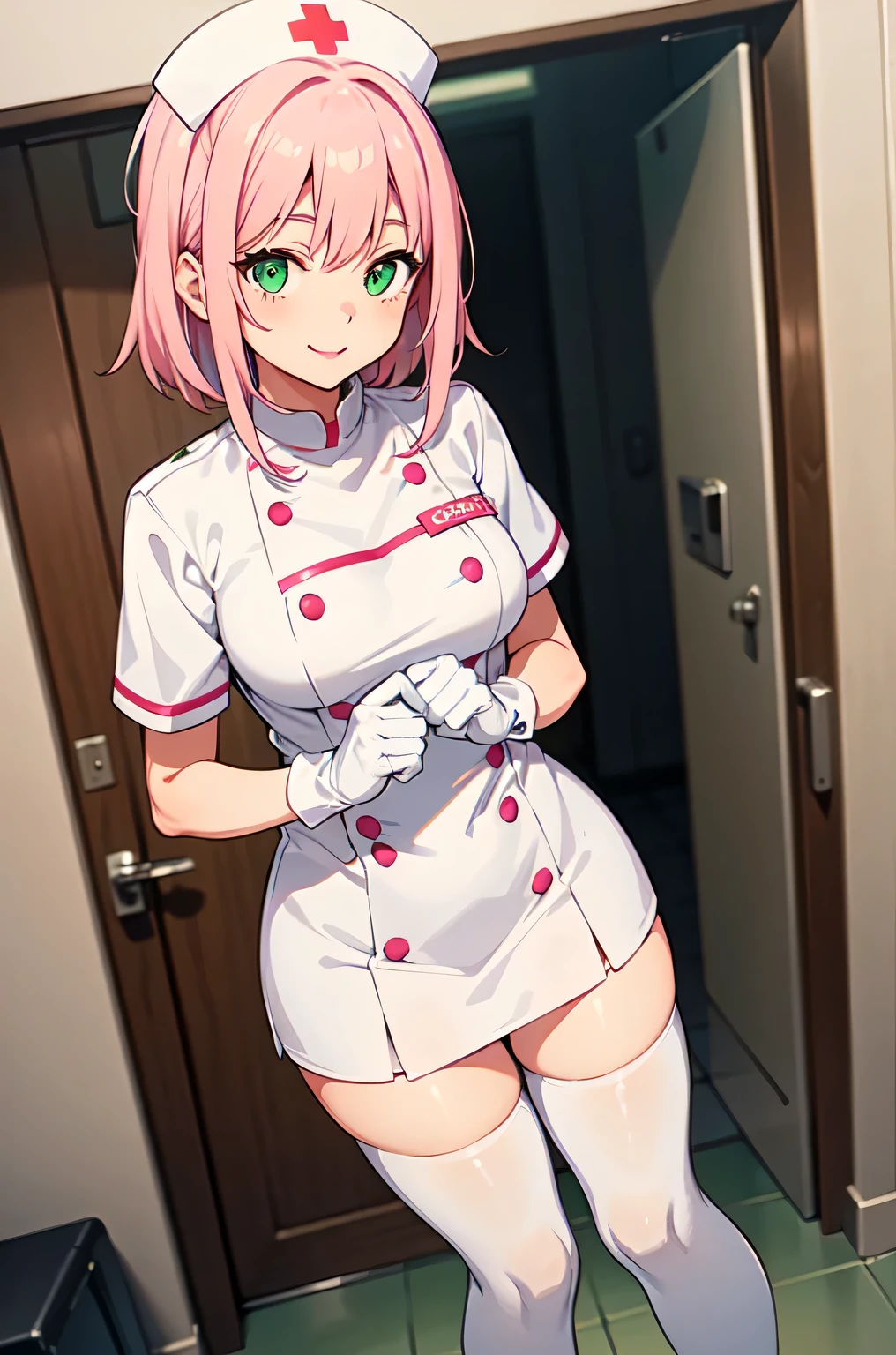 1girl, solo, nurse, white nurse cap, white nurse uniform, ((white legwear, zettai ryouiki)), white gloves, pink hair, green eyes, drooping eyes, smile, standing, ((hospital room)), sharp outline, short sleeves, best quality, masterpiece