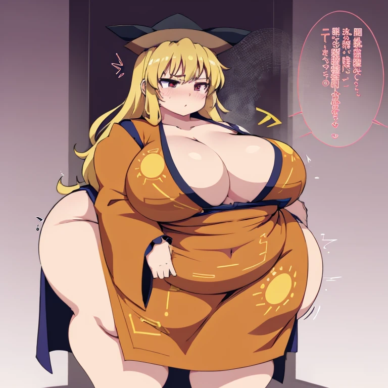 1girl, top-heavy figure, ((((incredibly big chest)))), ((((big tits)))), (((saggy chest))), pout, embarassed, shortstack, short woman, small height, mature, standing, full body, obese, fatty, out of shape, bbw, ssbbw, Matara Okina (Touhou), blond hair, long hair, orange eyes, long white dress, hat