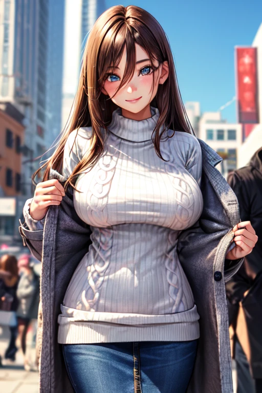 girl,[[smile]],{(brown hair:1.2),medium hair,(straight hair:1.5),[hair between eyes]},(big breasts:1.2),{(sweater:1.5),denim skirt,(undressing coat:1.2)},(fine eyes and skin:1.2),(detailed facial features:1.2 ) ,(perfect style),(beautiful face),(at city:1.2)