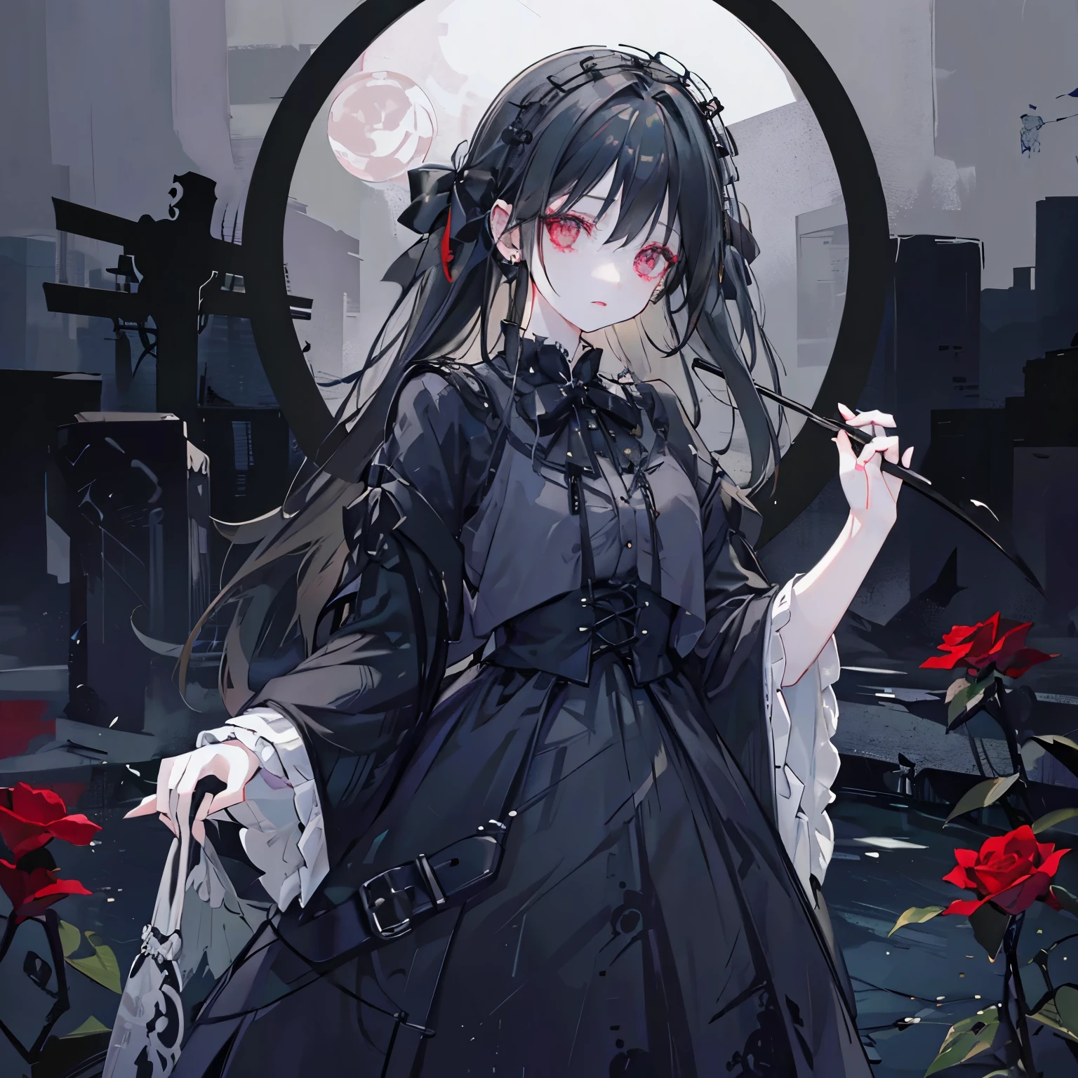 best quality,ultra-detailed,realistic,portrait,girl,dark makeup,long black hair,pale skin,piercings,black clothings,goth style,standing in front,graveyard,moonlight,emotional expression,hands holding a rose,deep gaze,dramatic lighting,romantic atmosphere,monochrome color tone