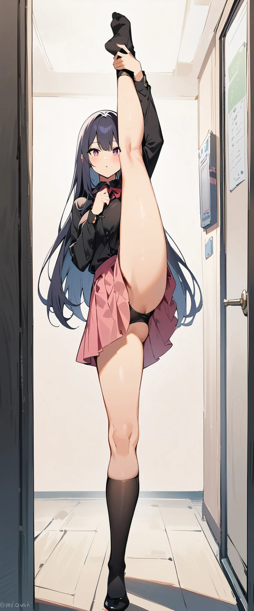 (masterpiece, highest quality:1.2), 1 girl, alone,Are standing_Split,
Yuuki eats, long hair,black无袖短背心,pink skirt,black