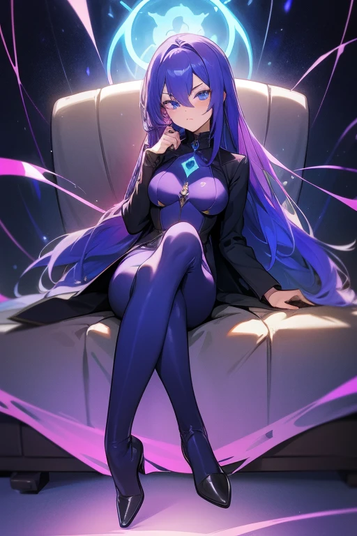 Female leader with long blue and purple hair sitting on a sofa, Solemn, Look straight ahead, Look serious, The hair emits a blue-purple glow, A mysterious light blue glow emanates from the eyes, Revealing incomparable maturity and stability, She is wearing a dark blue-purple suit, dark coat, Dark flared pants, High heel, Two-dimensional style, full-body shot