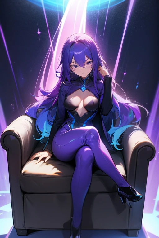 Female leader with long blue and purple hair sitting on a sofa, Solemn, Look straight ahead, Look serious, The hair emits a blue-purple glow, A mysterious light blue glow emanates from the eyes, Revealing incomparable maturity and stability, She is wearing a dark blue-purple suit, dark coat, Dark flared pants, High heel, Two-dimensional style, full-body shot