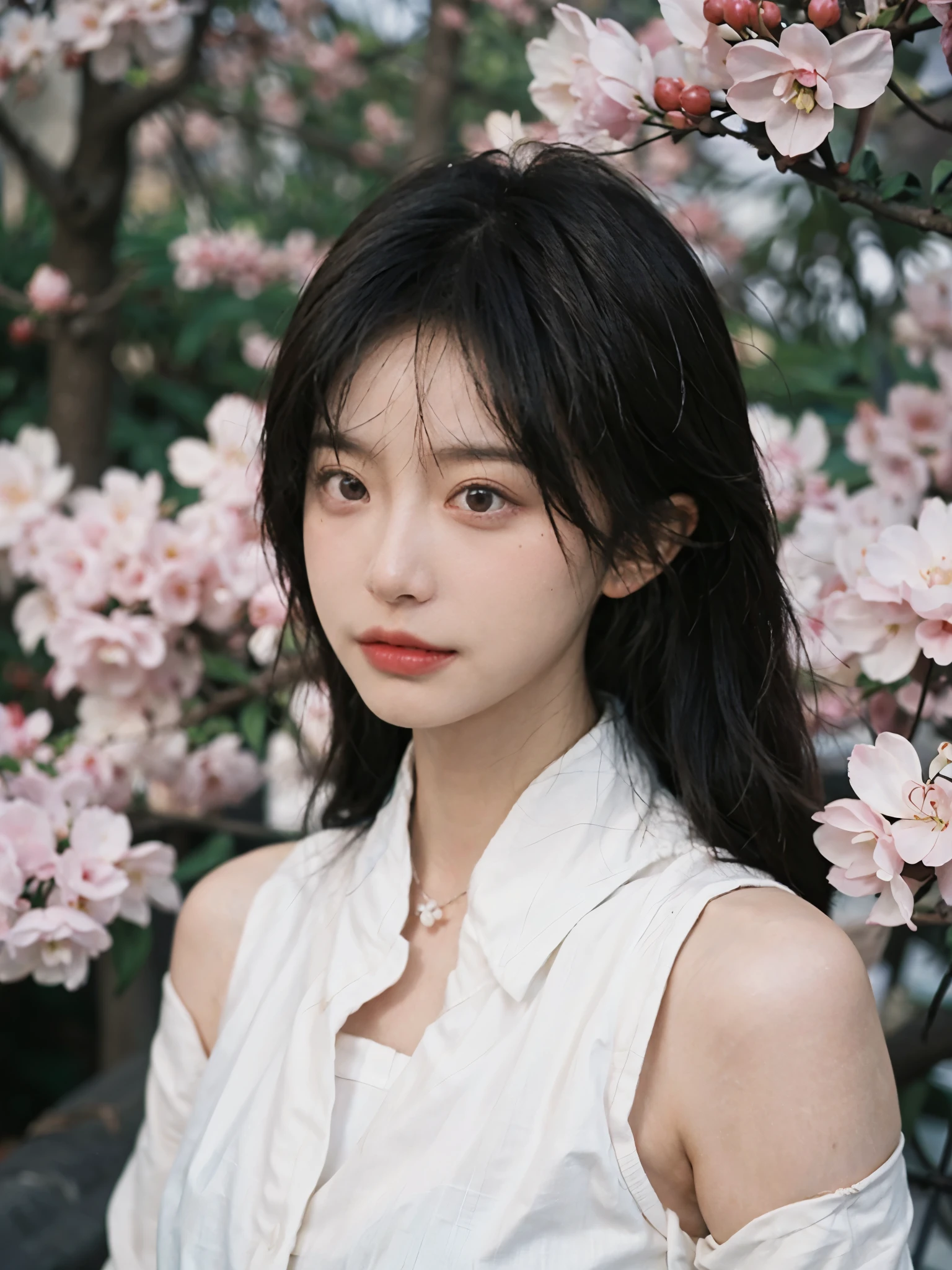 Film portrait photography, 2 girls, 2 Bare Shoulders,lipstick，（flat chest：1.4）， Double tail, wear necklace，scarf，earrings，short sleeves，serene, calm, (Realistic and detailed eyes, natural skin texture, Realistic facial details), Soft dramatic lighting, depth of field, Bokeh,cherry blossom grove， Vibrant details, Detailed and detailed, surreal, 35mm film, hazy, whole body,