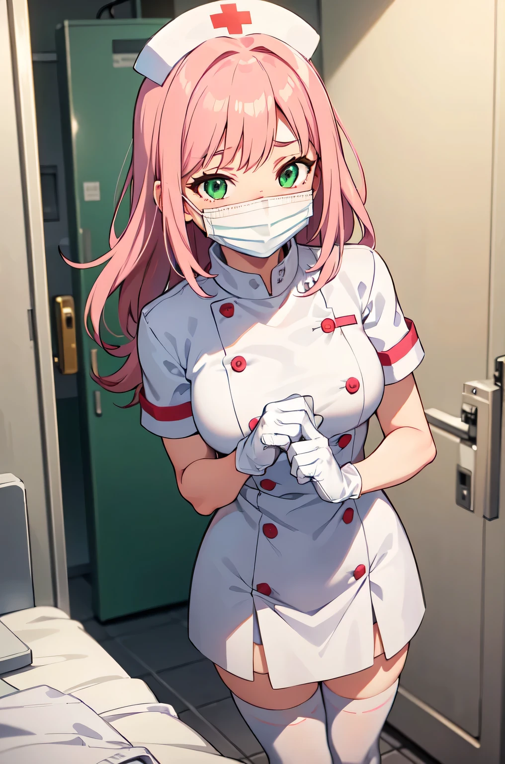 1woman, solo, nurse, white nurse cap, white nurse uniform, ((white legwear, zettai ryouiki)), white gloves, pink hair, green eyes, drooping eyes, ((white surgical mask, covered nose)), standing, ((hospital room)), sharp outline, short sleeves, female, 32 years old, best quality, masterpiece