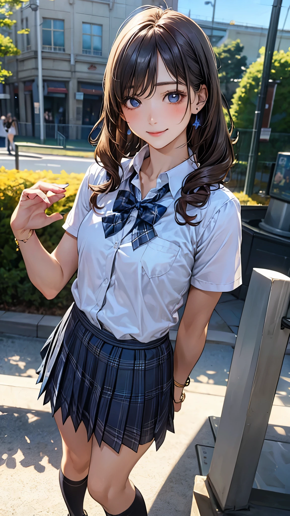 (masterpiece:1.2, top-quality), (realistic, photorealistic:1.4), beautiful illustration, (natural side lighting, movie lighting),
looking at viewer, full body, front view:0.6, 1 girl, japanese, high school girl, perfect face, cute and symmetrical face, suntan, shiny skin,
(middle hair:1.2, twin drills:1.2, darkgoldenrod hair), crossed bangs, blue eyes, long eye lasher, (large breasts:0.6),
beautiful hair, beautiful face, beautiful detailed eyes, beautiful clavicle, beautiful body, beautiful chest, beautiful thigh, beautiful legs, beautiful fingers,
((short sleeve white collared shirt, blue plaid pleated skirt, blue bow tie), wrist chouchou),
(beautiful scenery), amusement park, (standing, open legs, skirt hold), (lovely smile, upper eyes),