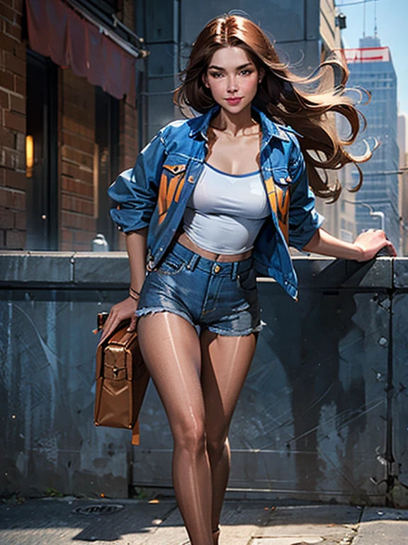 Best Quality, 25 year old girl, alone, long brown hair, discreet smile, looking at viewer, denim jacket over white cropped t-shirt, blue denim shorts, shiny pantyhose, white sneakers, cosmopolitan city setting