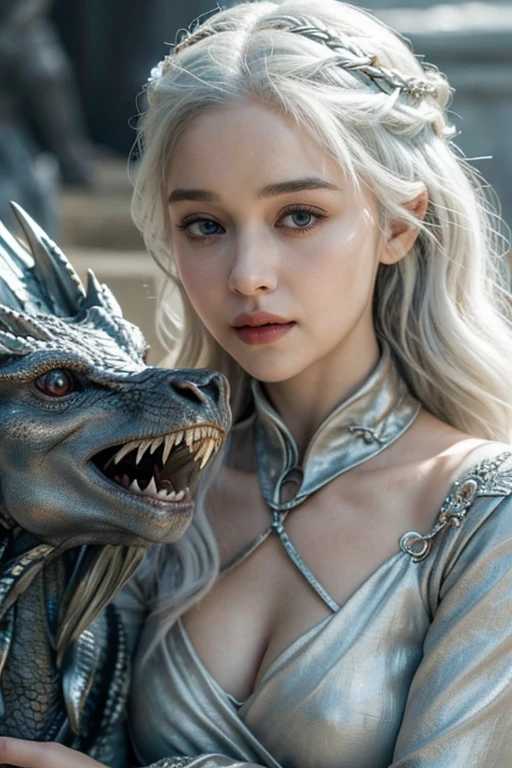 Close-up of a woman holding a dragon statue in her hands, Game of Thrones, Daenerys Targaryen, silver hair,