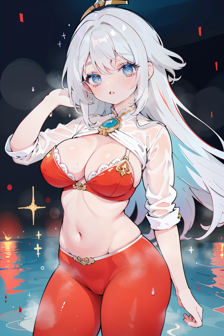 s lindas,olhos vermelhos redondos, cabelo branco、It's behind,orelhas de coelho,bunda grande,sensual、Sorridente,Medium to long straight hairstyle、(tetas grandes,ela usa lingerie azul,Em uma casa alugada,It's behind,noite,it was raining outside,The upper body is wet..,corpo inteiro,she is wearing red leggings,she holds a bra in her hand