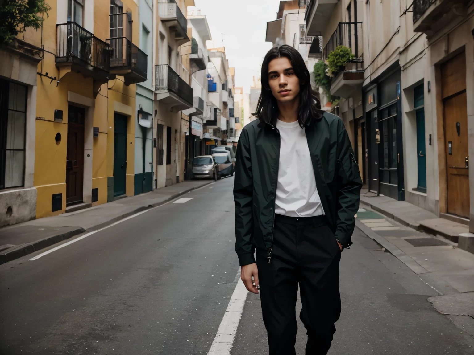 19 year old Spanish guy with black hair wearing a green jacket, a black shirt and black pants, model shot, full body